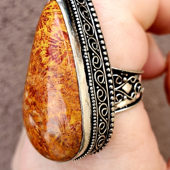 New Oversized Coral Fossil 925 Silver Statement Ring. - Picture 5 of 14